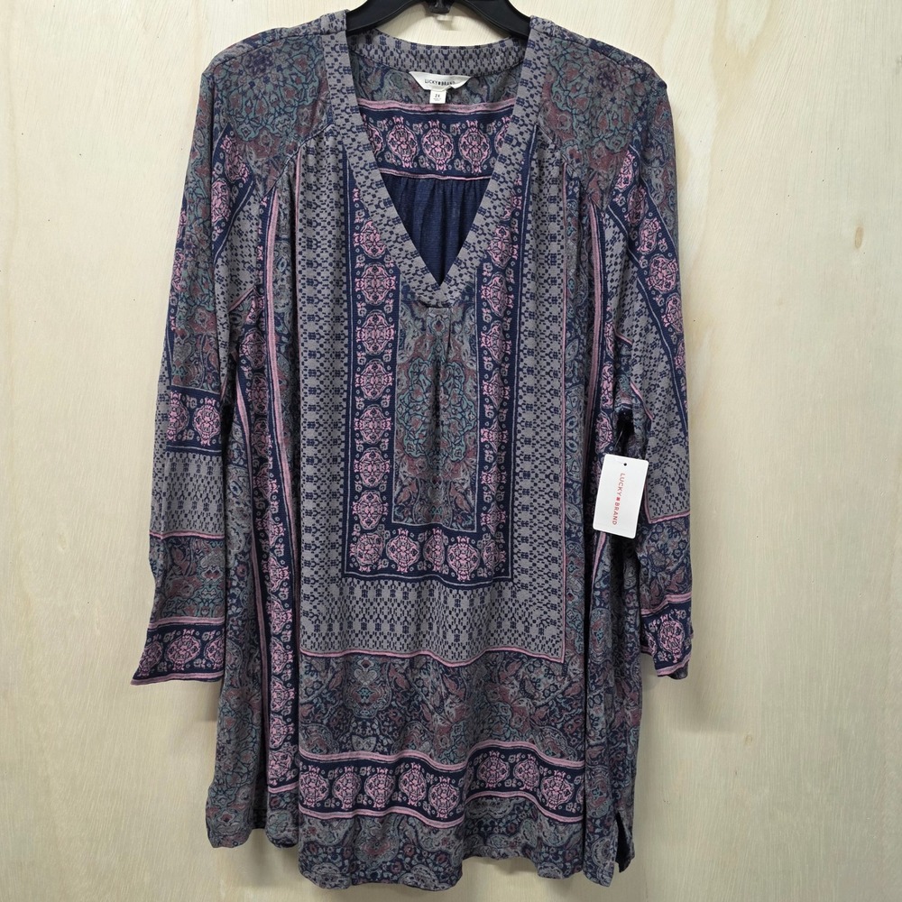 Lucky Brand Womens 2X Tunic Top Maroon Multi Paisley V-Neck Long Sleeve New